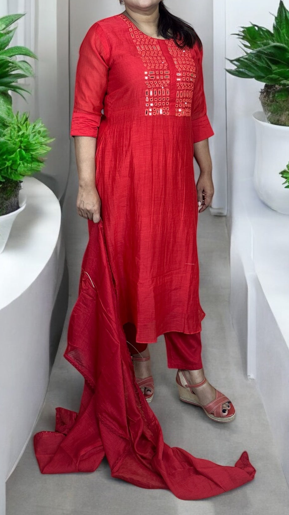 Red chanderi silk kurti set with mirror work