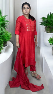 Red chanderi silk kurti set with mirror work