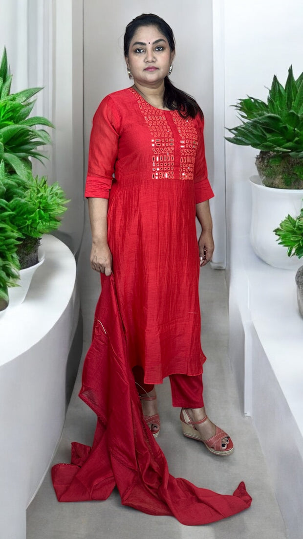 Red chanderi silk kurti set with mirror work