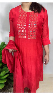 Red chanderi silk kurti set with mirror work