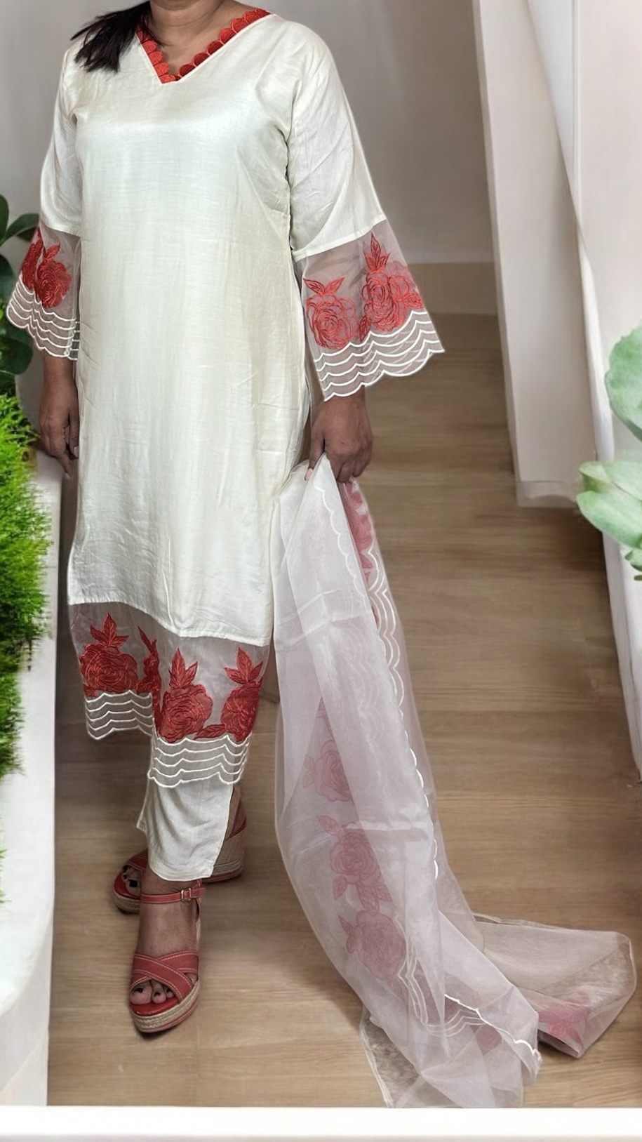 Off white chanderi cotton silk kurti set with patch work
