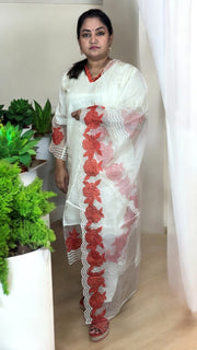 Off white chanderi cotton silk kurti set with patch work