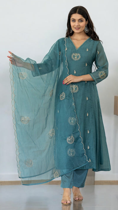 Pastel blue Chanderi silk kurti set with hand emroidery
