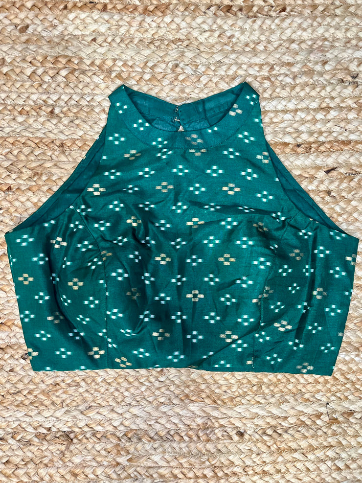 Green ikkat printed halterneck blouse