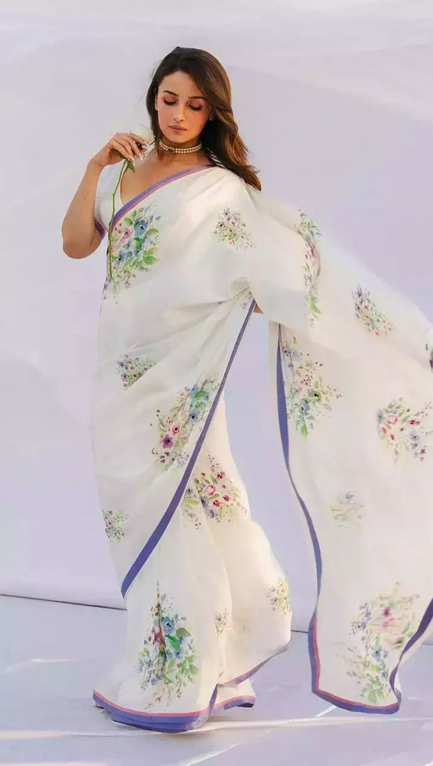 Aliya Bhatt White floral printed pure satin silk saree with stitched blouse
