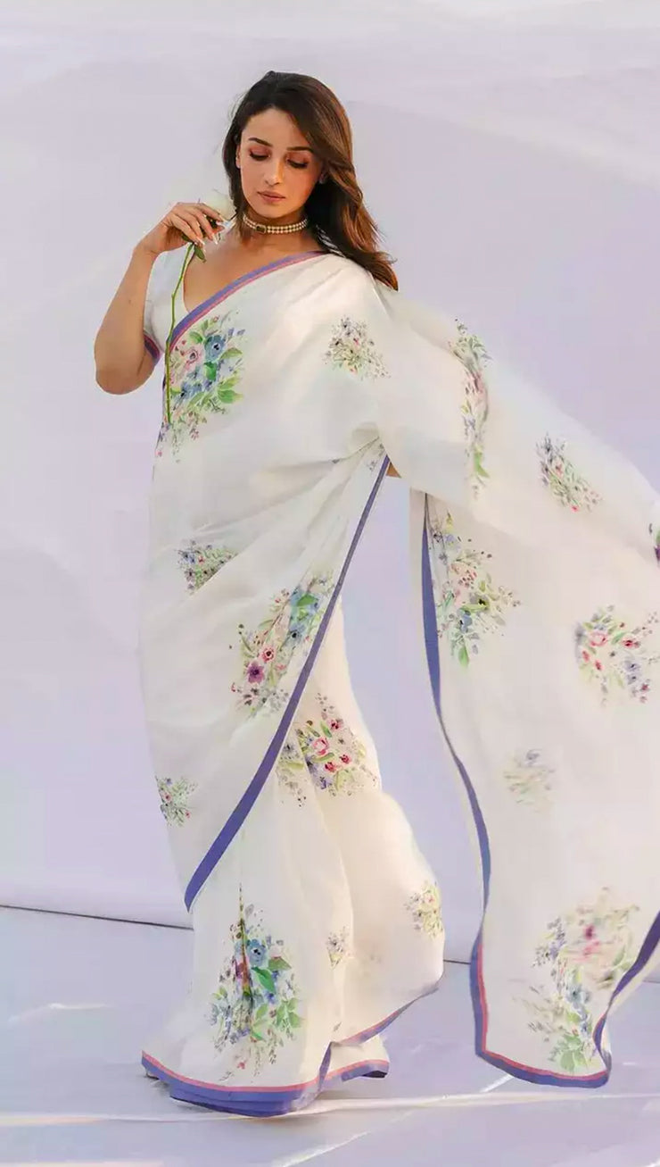Aliya Bhatt White floral printed half organza and half satin silk saree with stitched blouse