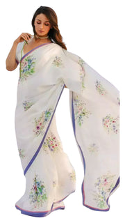 Aliya Bhatt White floral printed pure satin silk saree with stitched blouse