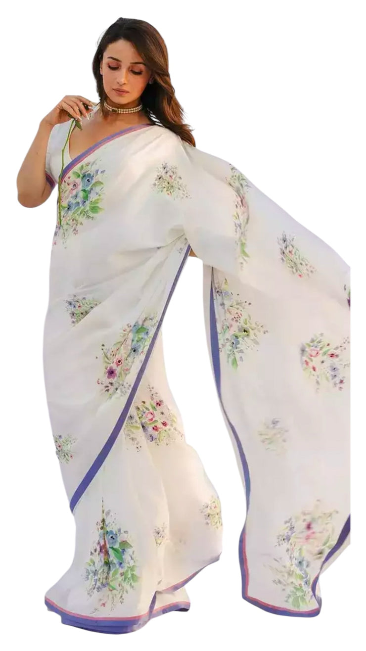 Aliya Bhatt White floral printed pure satin silk saree with stitched blouse