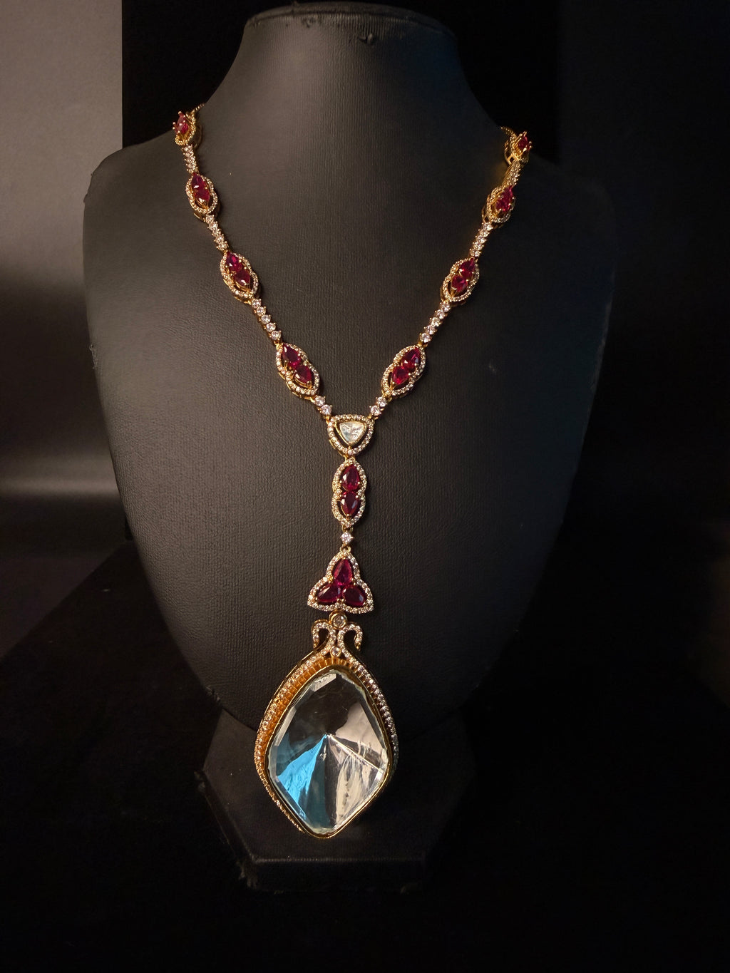 Moissonite necklace with white and red stone