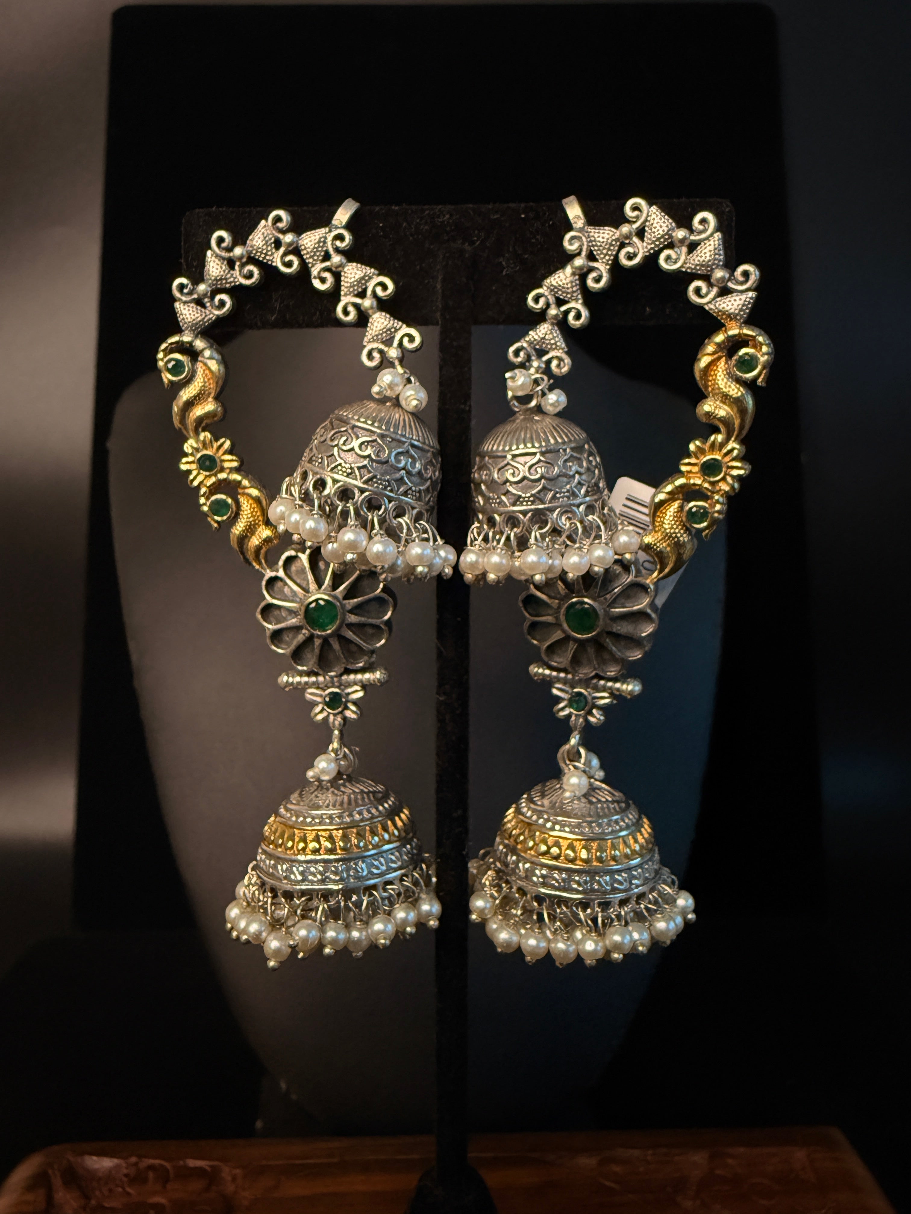 Dual tone jhumka with ear cuff and green stone
