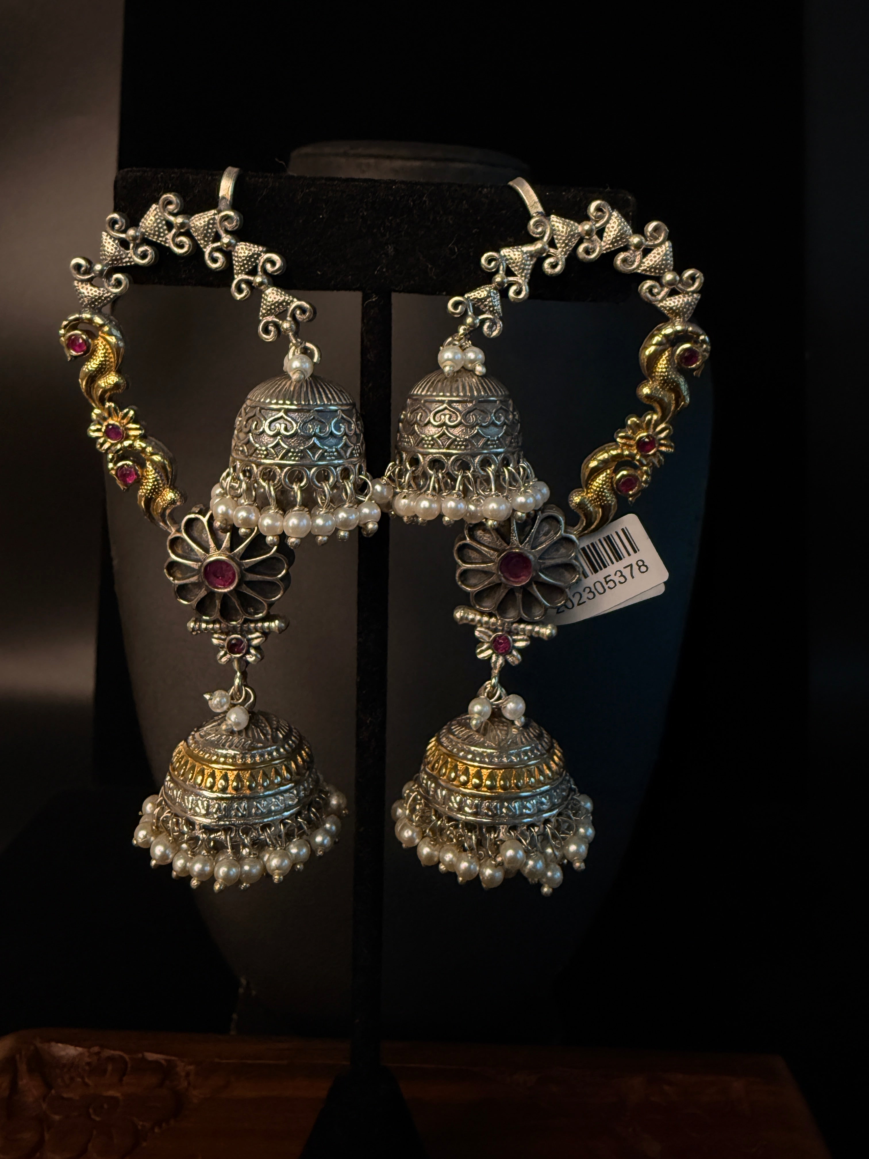 Dual tone jhumka with ear cuff and red stone