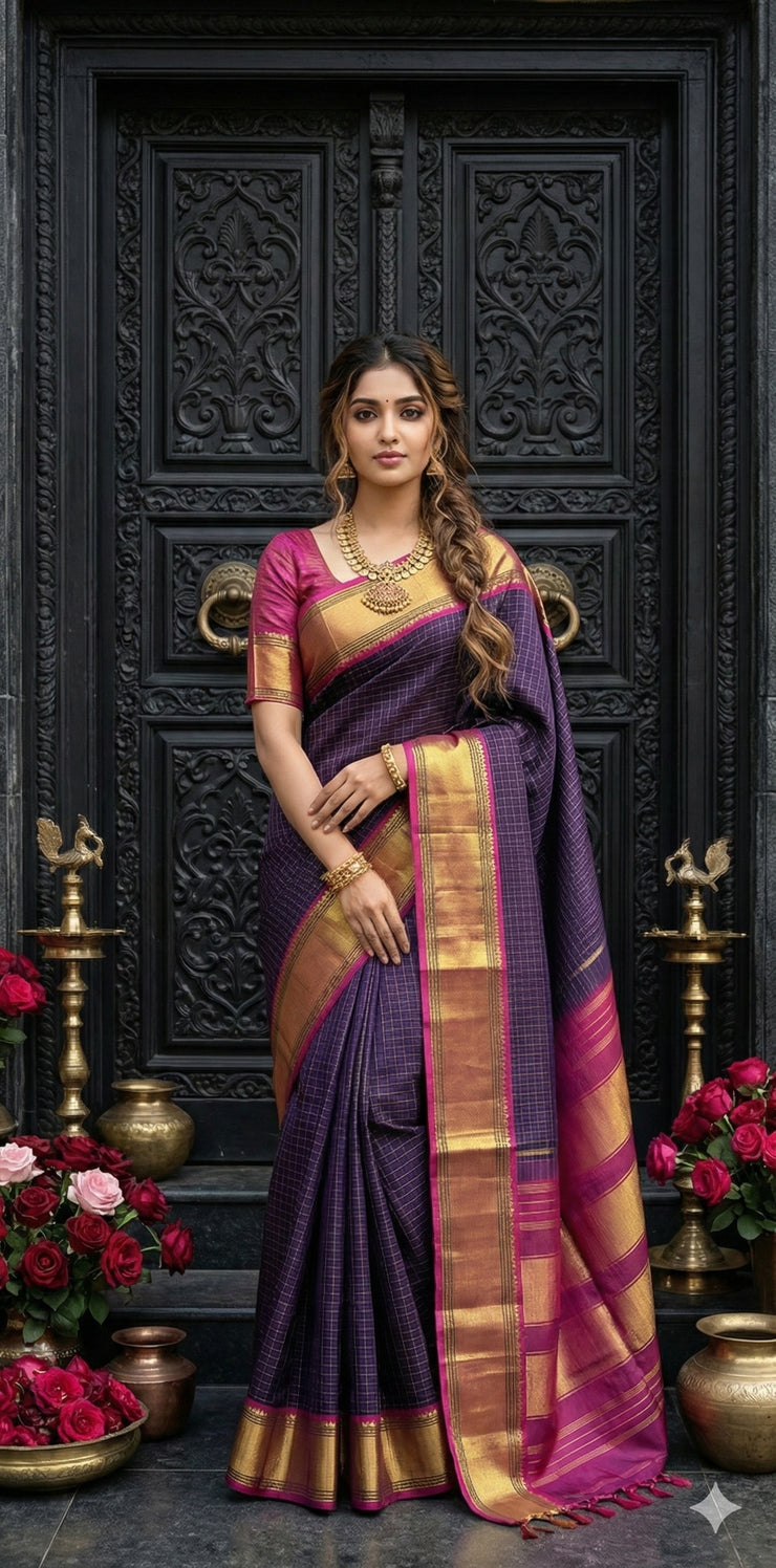 Navy blue Kanchivaram saree with purple border, with stitched blouse