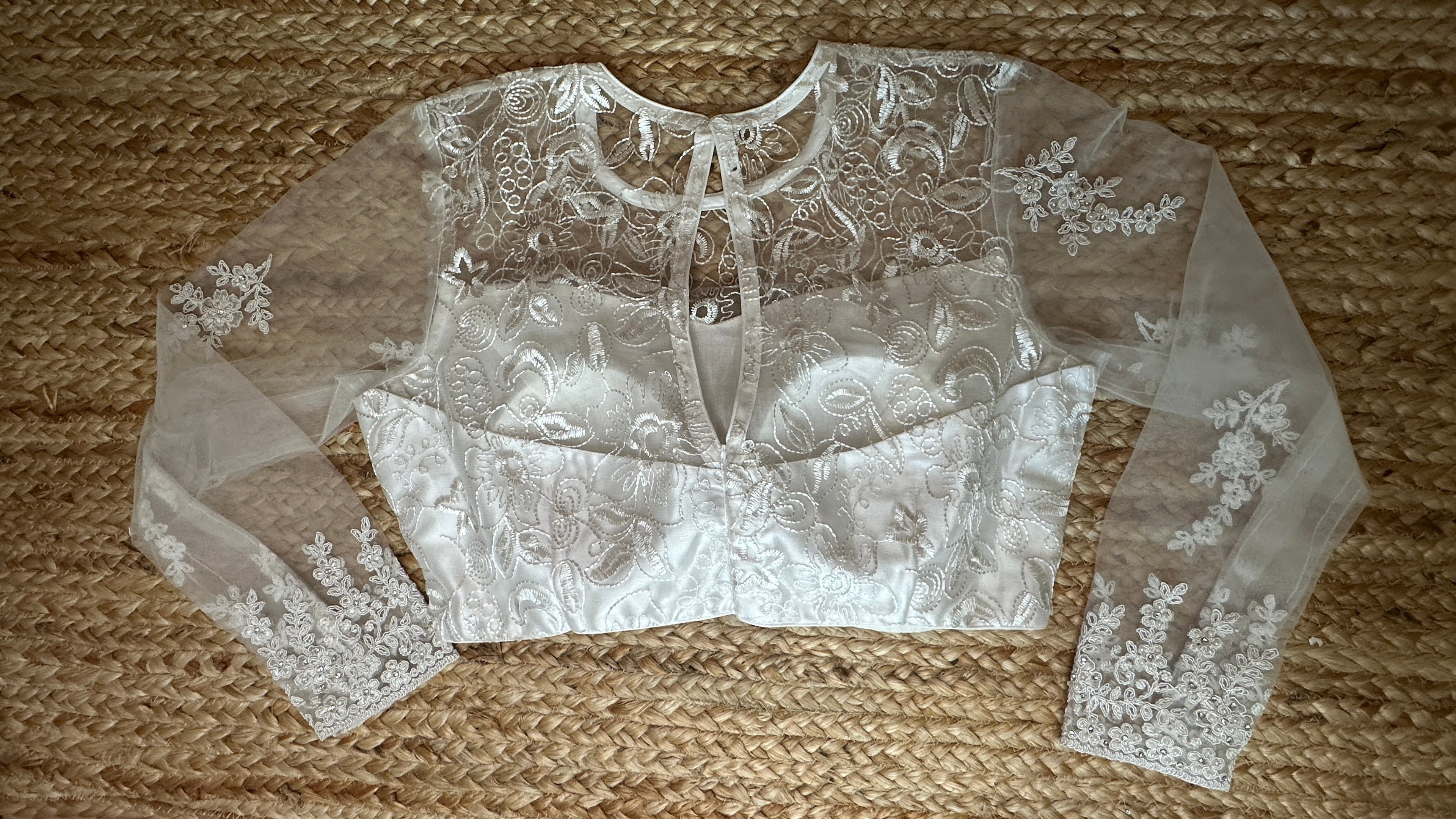 white net full sleeve blouse with stone work