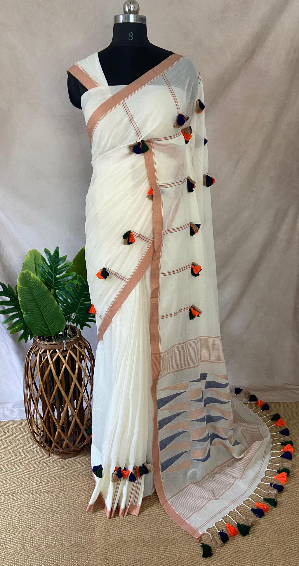 Off white handloom pompom saree, with BP