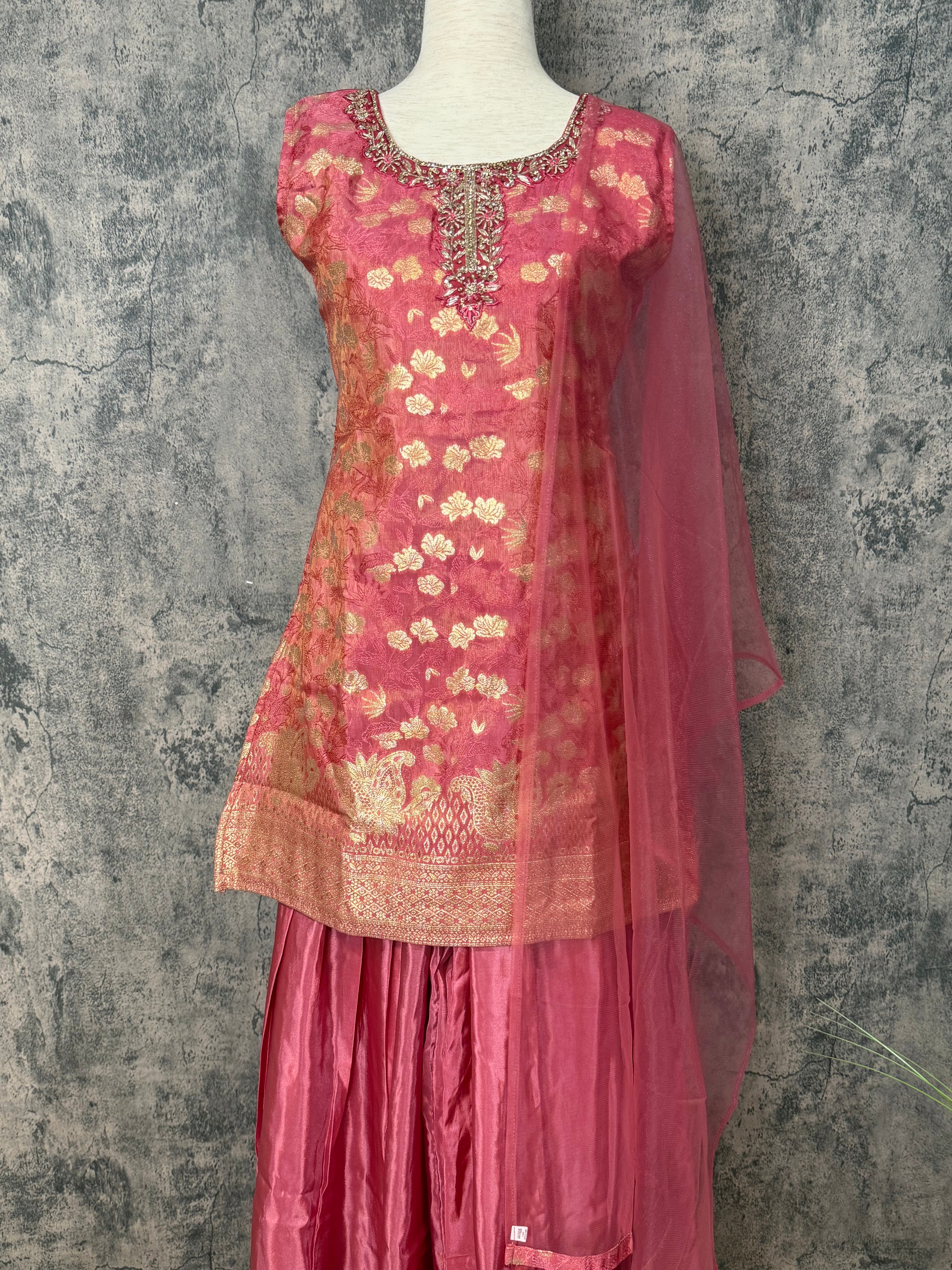Lotus pink banarsi brocade short top with flared palazo