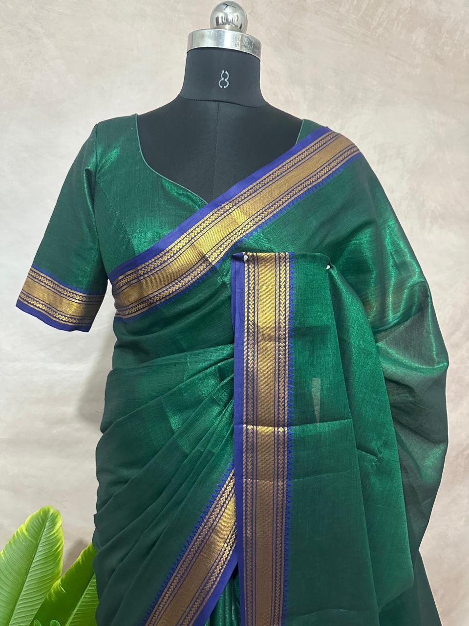 Handloom tissue cotton saree with stitched blouse