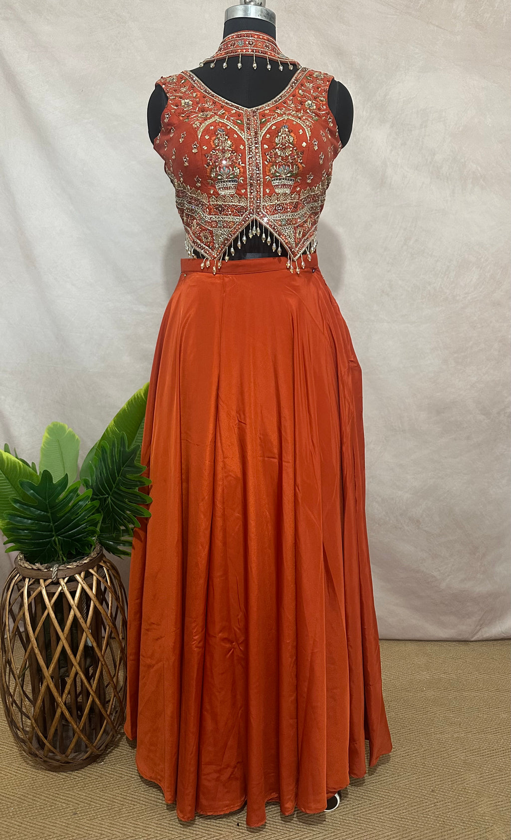 Burnt orange crop top and lehanga