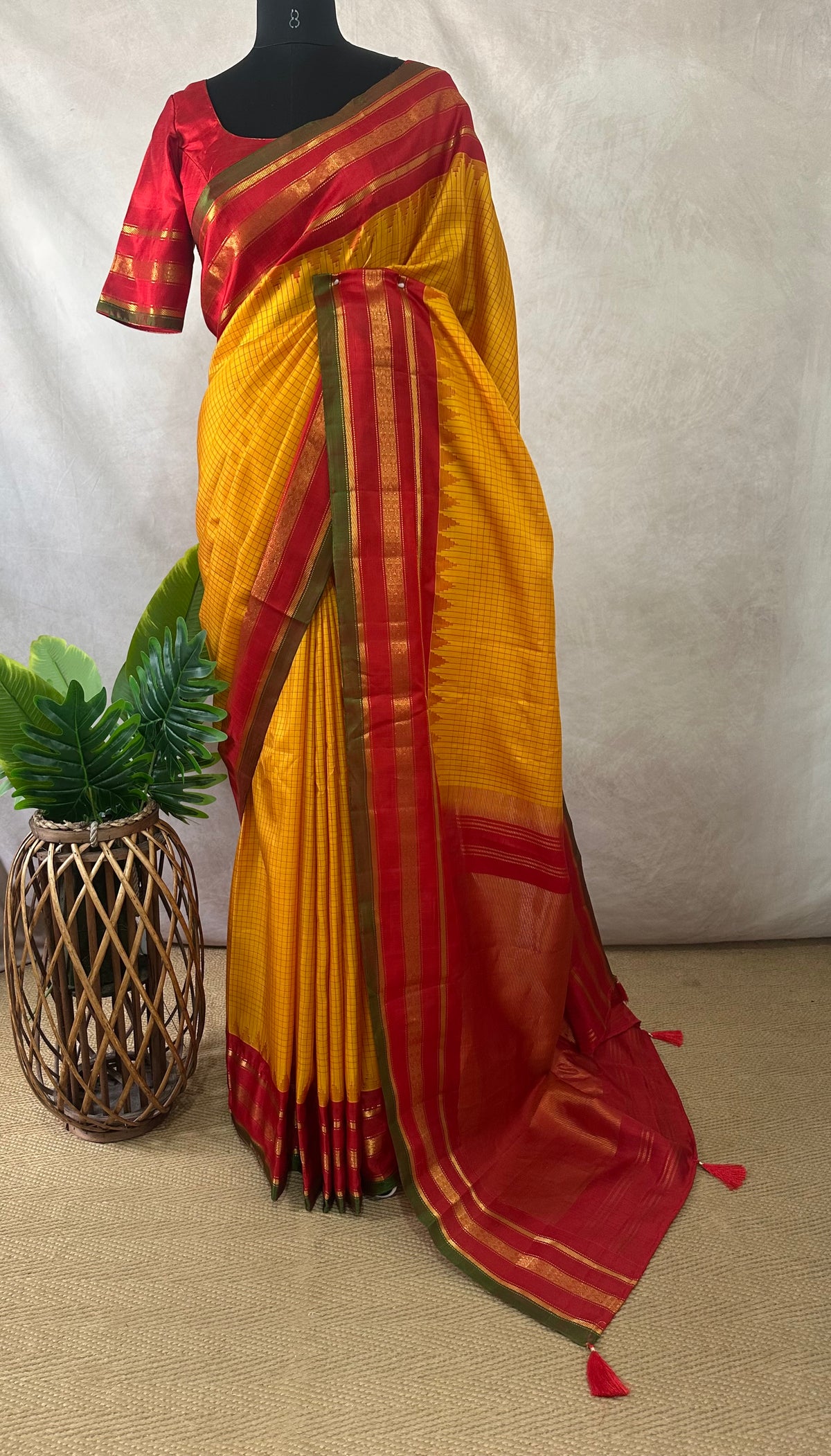 Mango yellow pure handloom gadwal silk saree with stitched blouse
