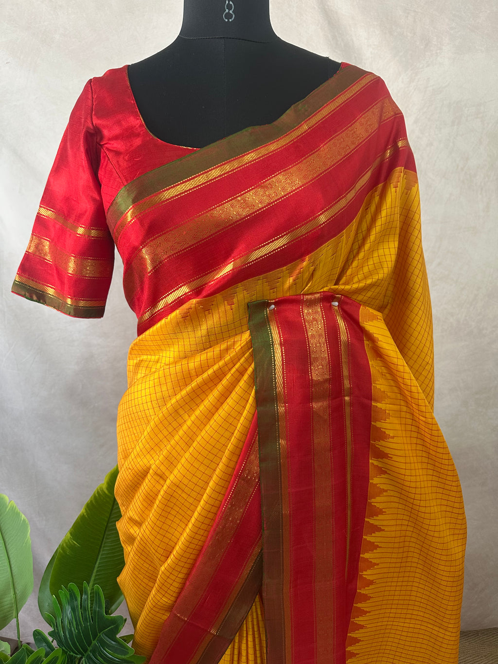 Mango yellow pure handloom gadwal silk saree with stitched blouse