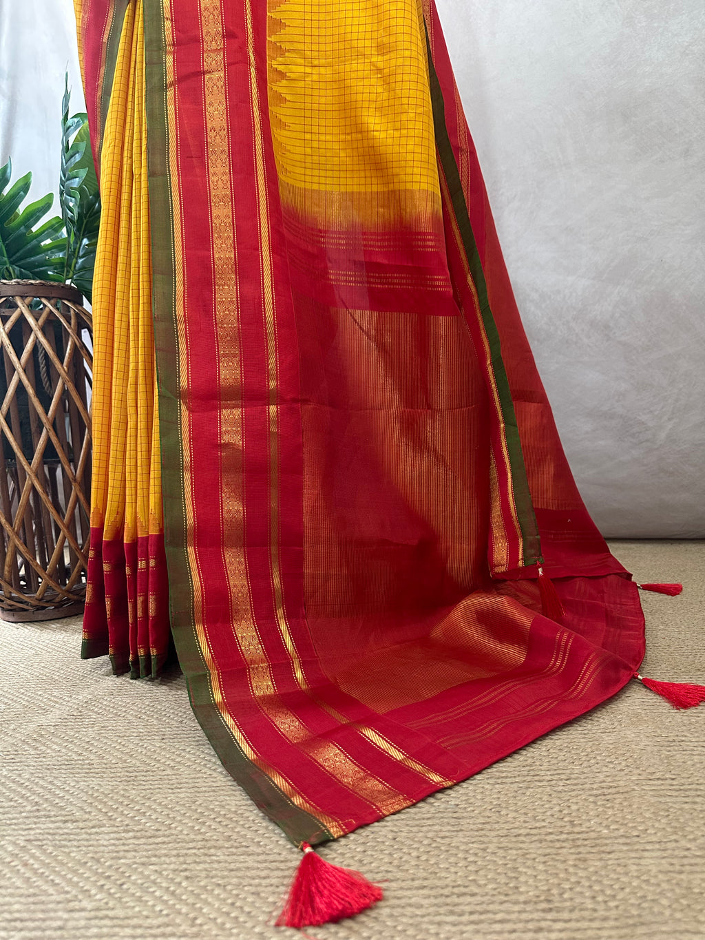 Mango yellow pure handloom gadwal silk saree with stitched blouse