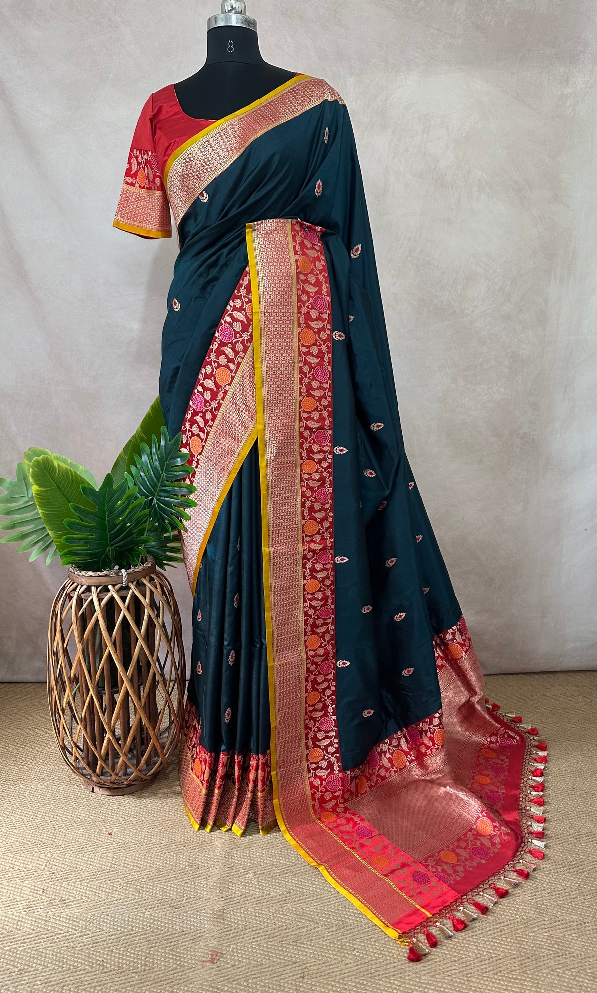 Peacock blue pure Banarsi katan saree with stitched blouse
