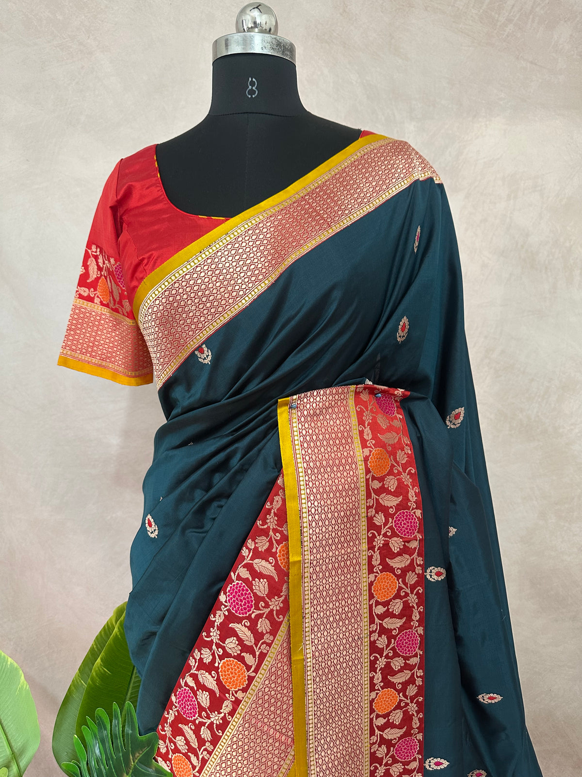 Peacock blue pure Banarsi katan saree with stitched blouse
