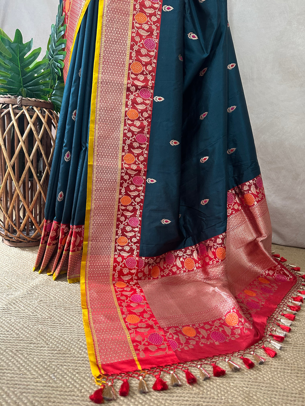 Peacock blue pure Banarsi katan saree with stitched blouse