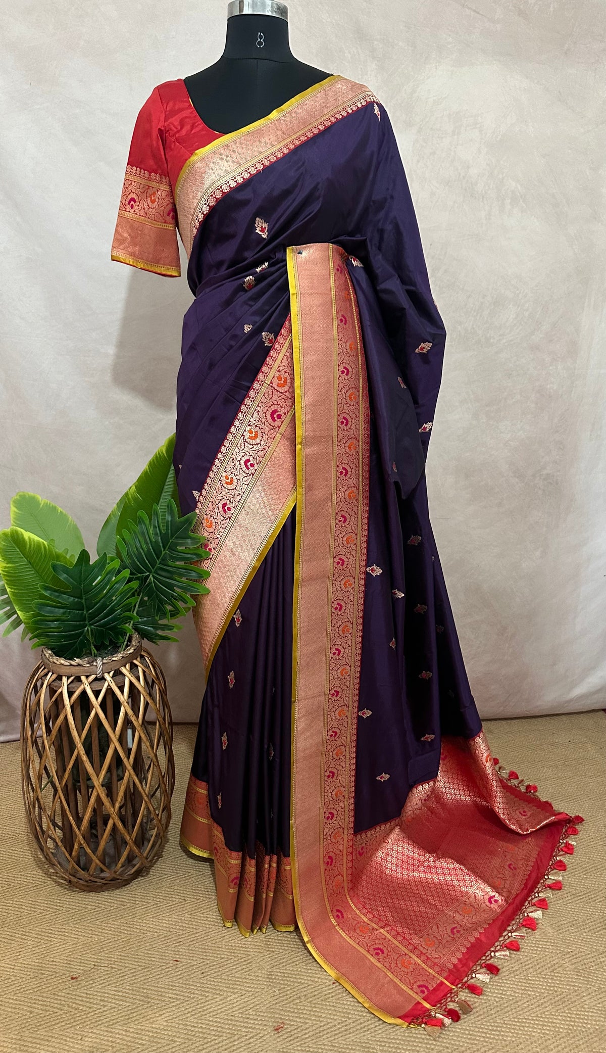 Purple pure Banarsi katan saree with stitched blouse