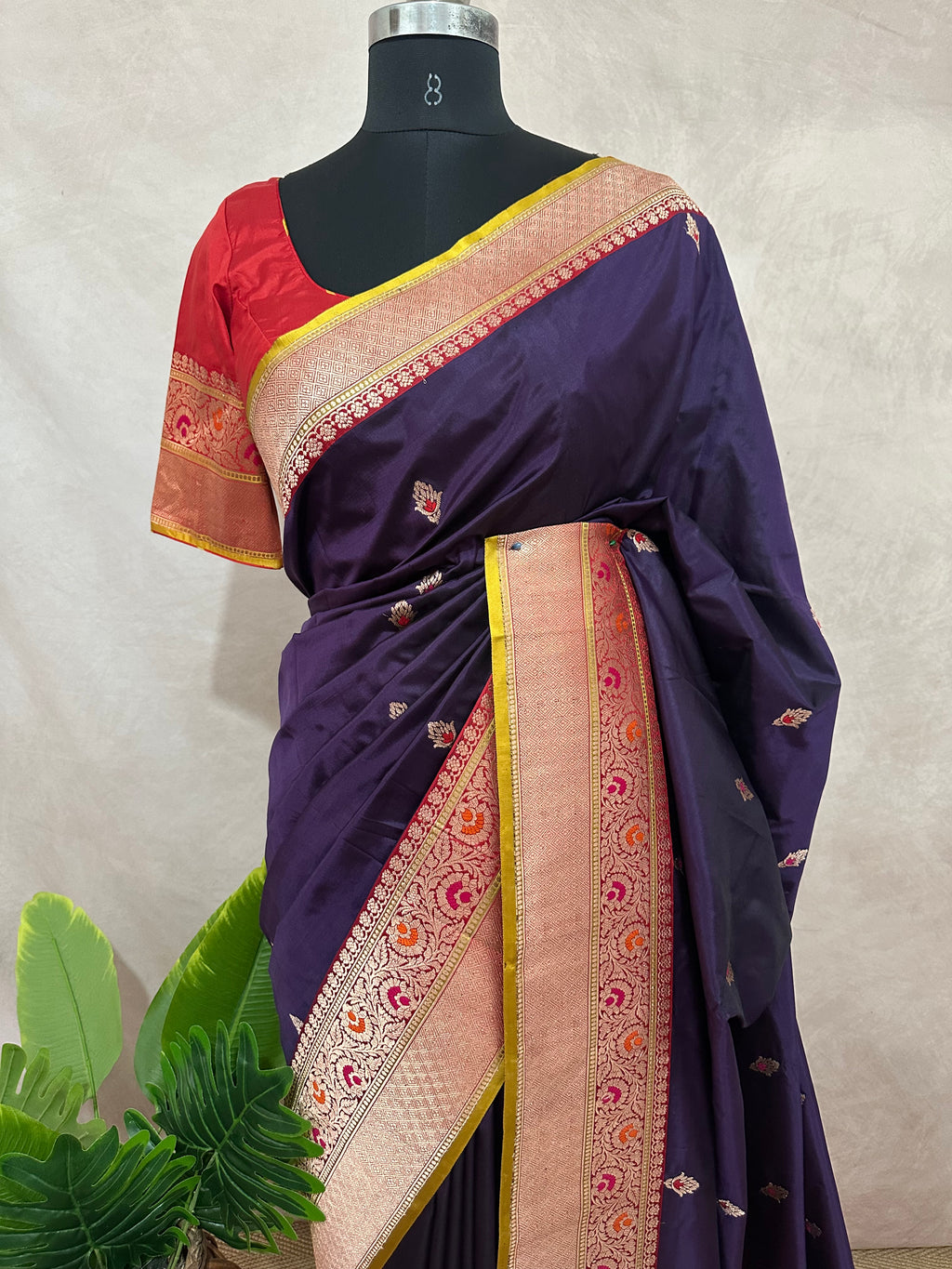 Purple pure Banarsi katan saree with stitched blouse