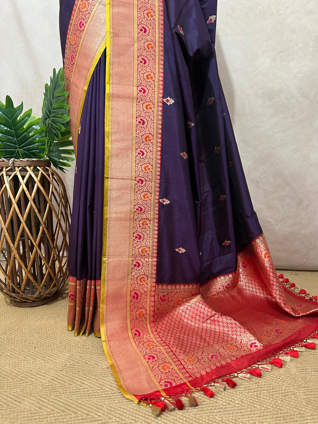Purple pure Banarsi katan saree with stitched blouse