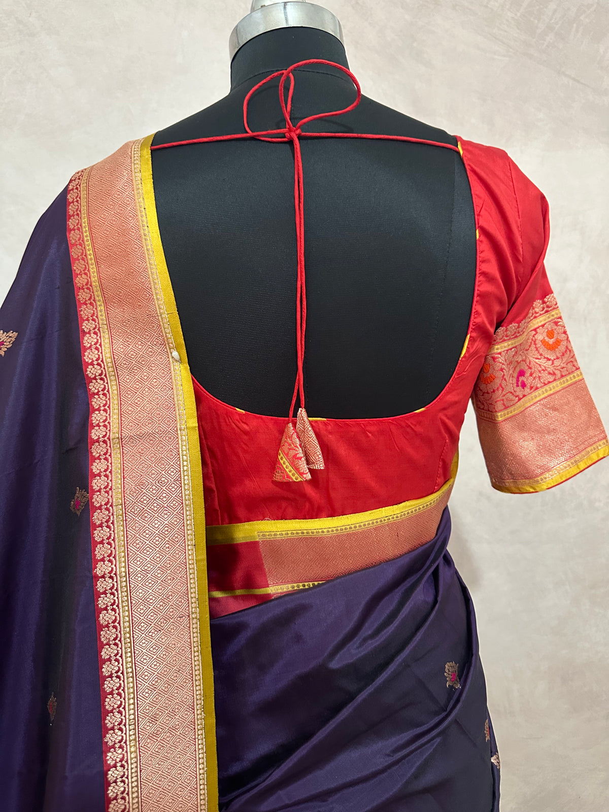 Purple pure Banarsi katan saree with stitched blouse
