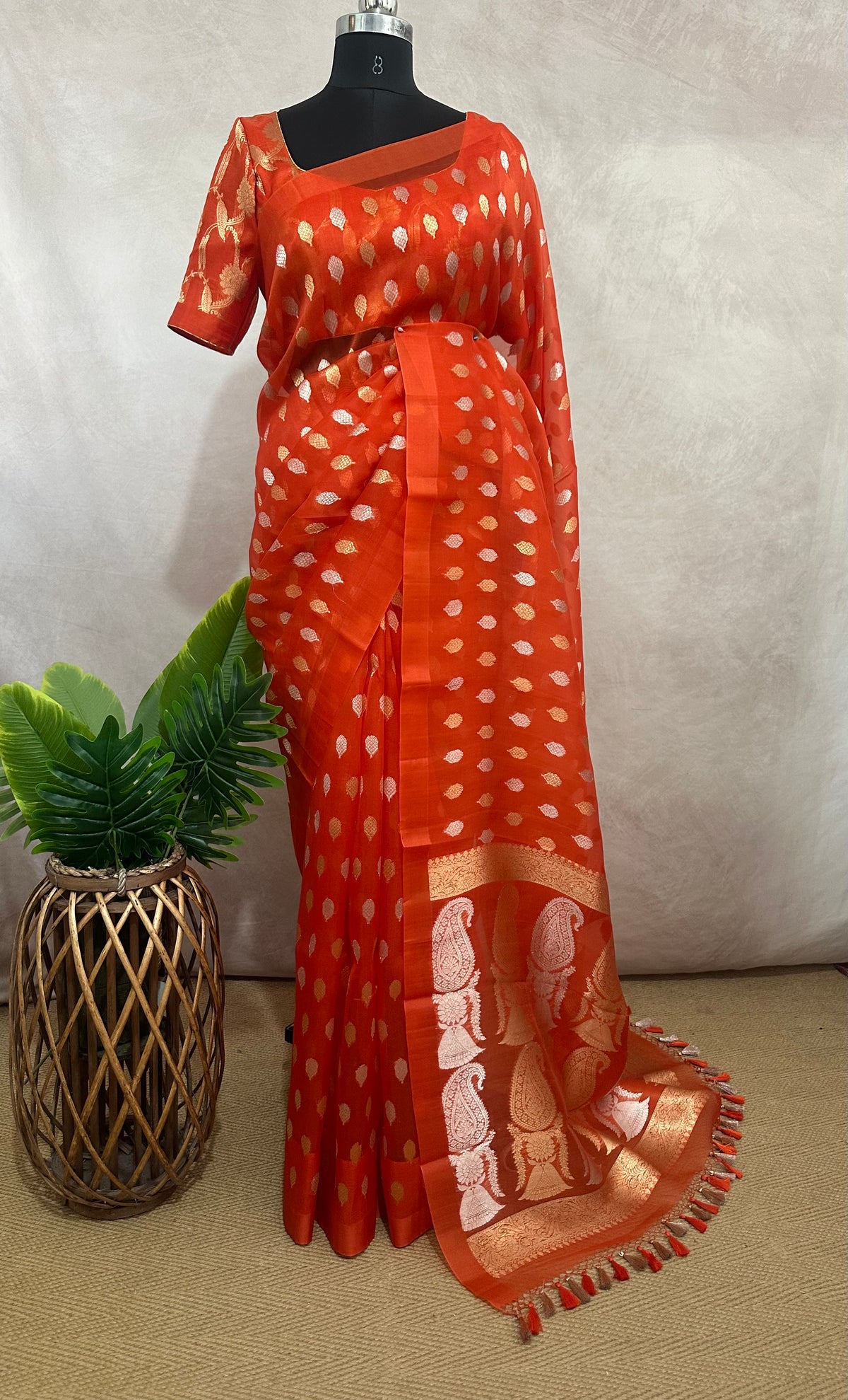 Orange kora banarsi pure silk saree with stitched blouse
