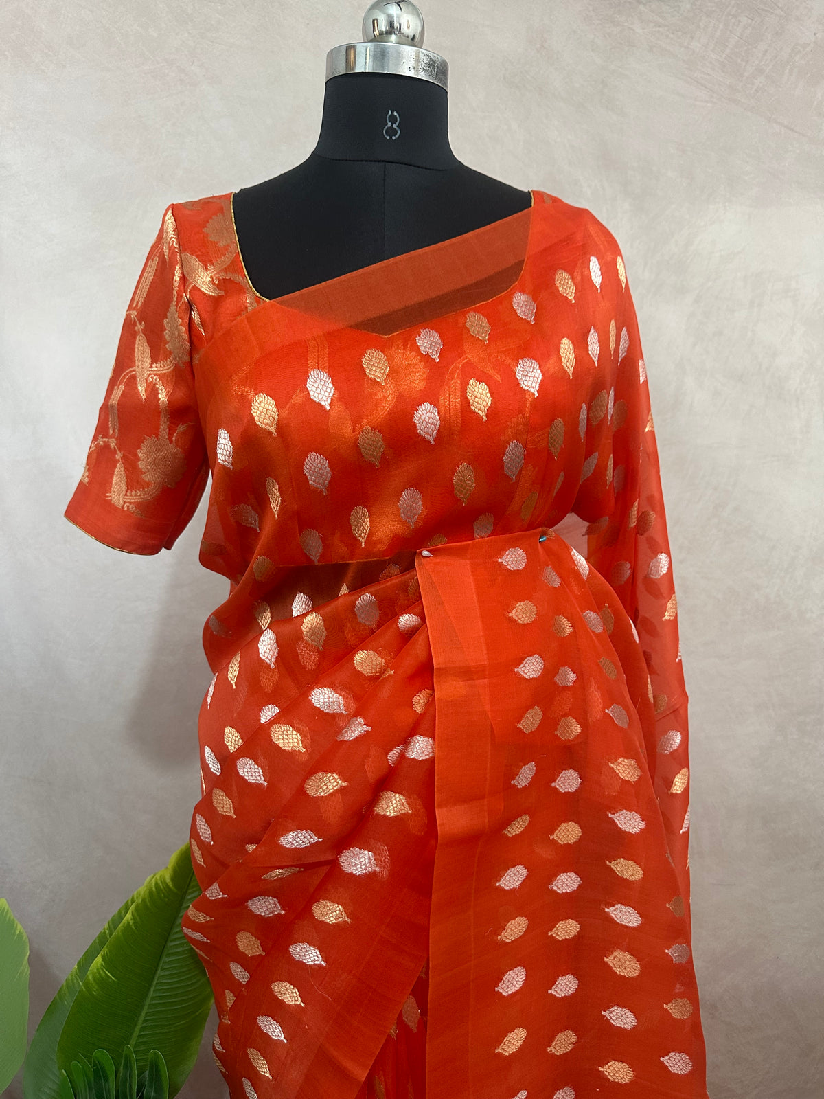 Orange kora banarsi pure silk saree with stitched blouse