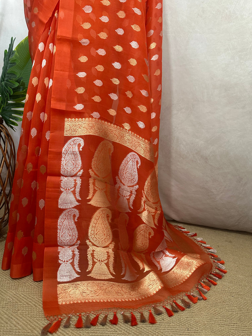Orange kora banarsi pure silk saree with stitched blouse