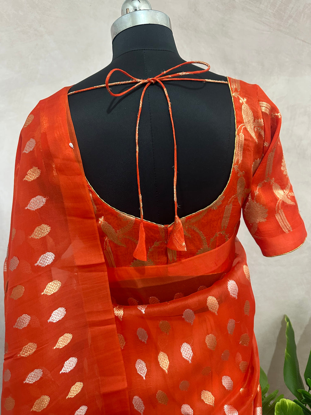 Orange kora banarsi pure silk saree with stitched blouse