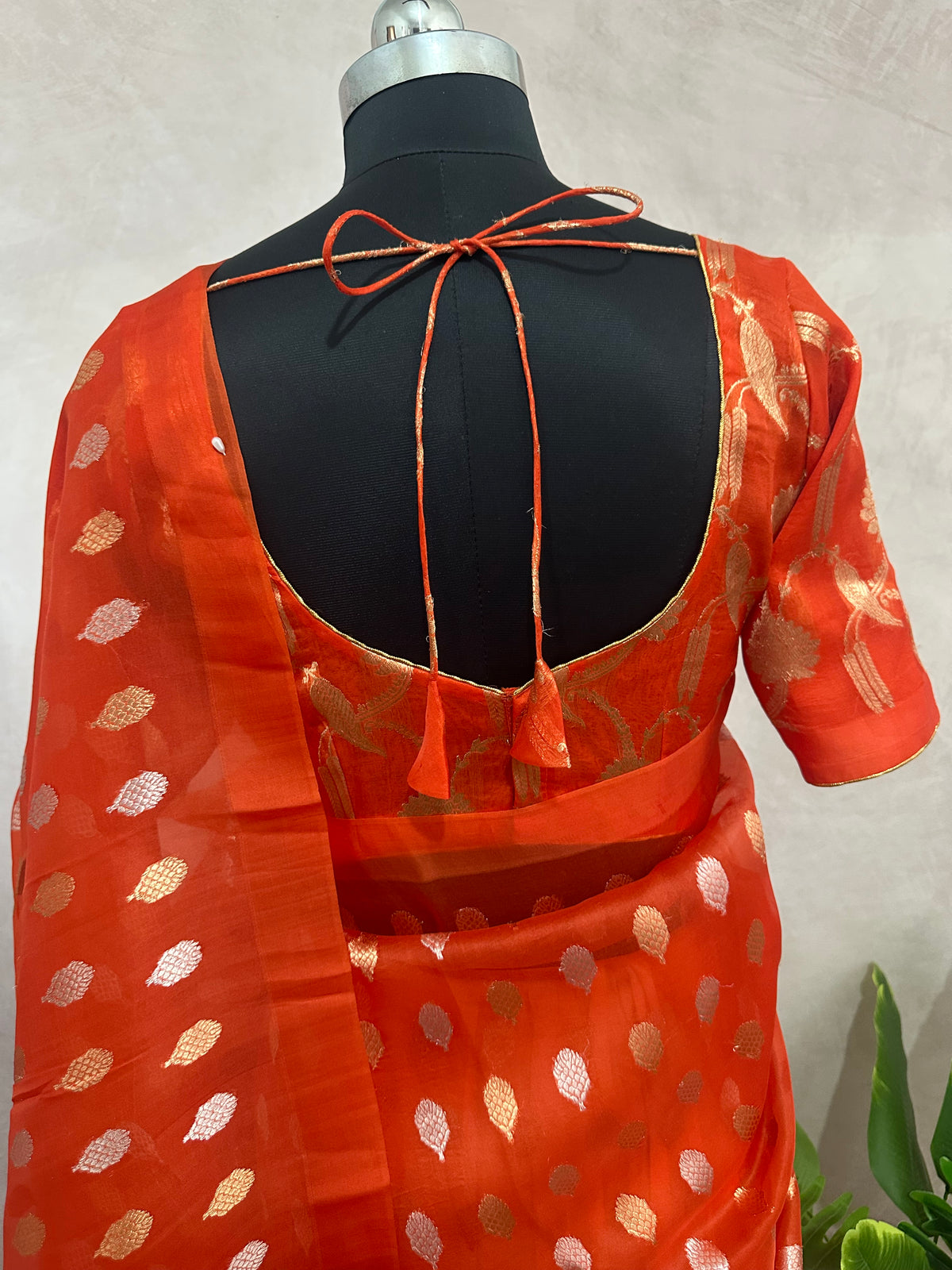Orange kora banarsi pure silk saree with stitched blouse