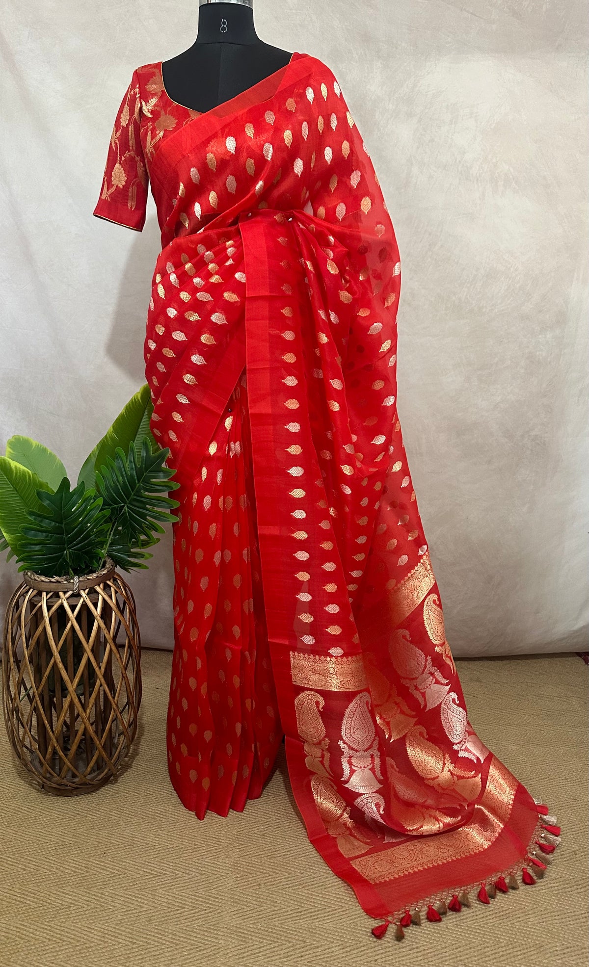 Red kora banarsi pure silk saree with stitched blouse