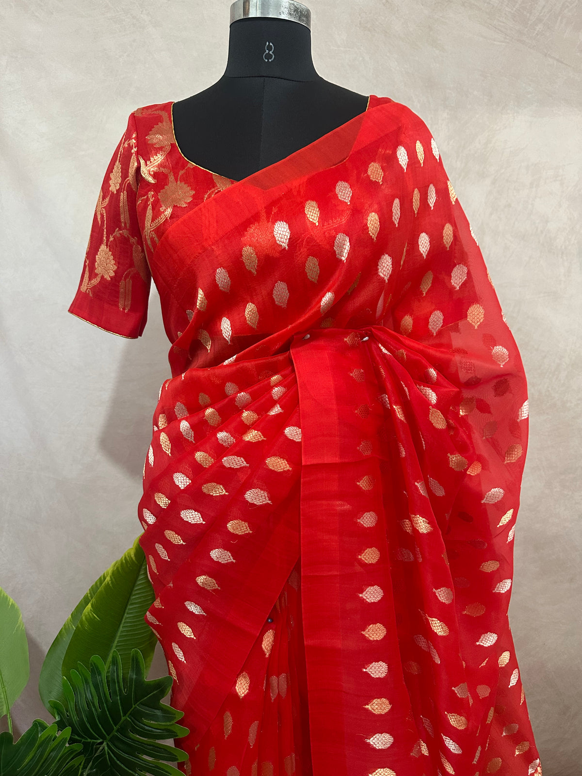 Red kora banarsi pure silk saree with stitched blouse
