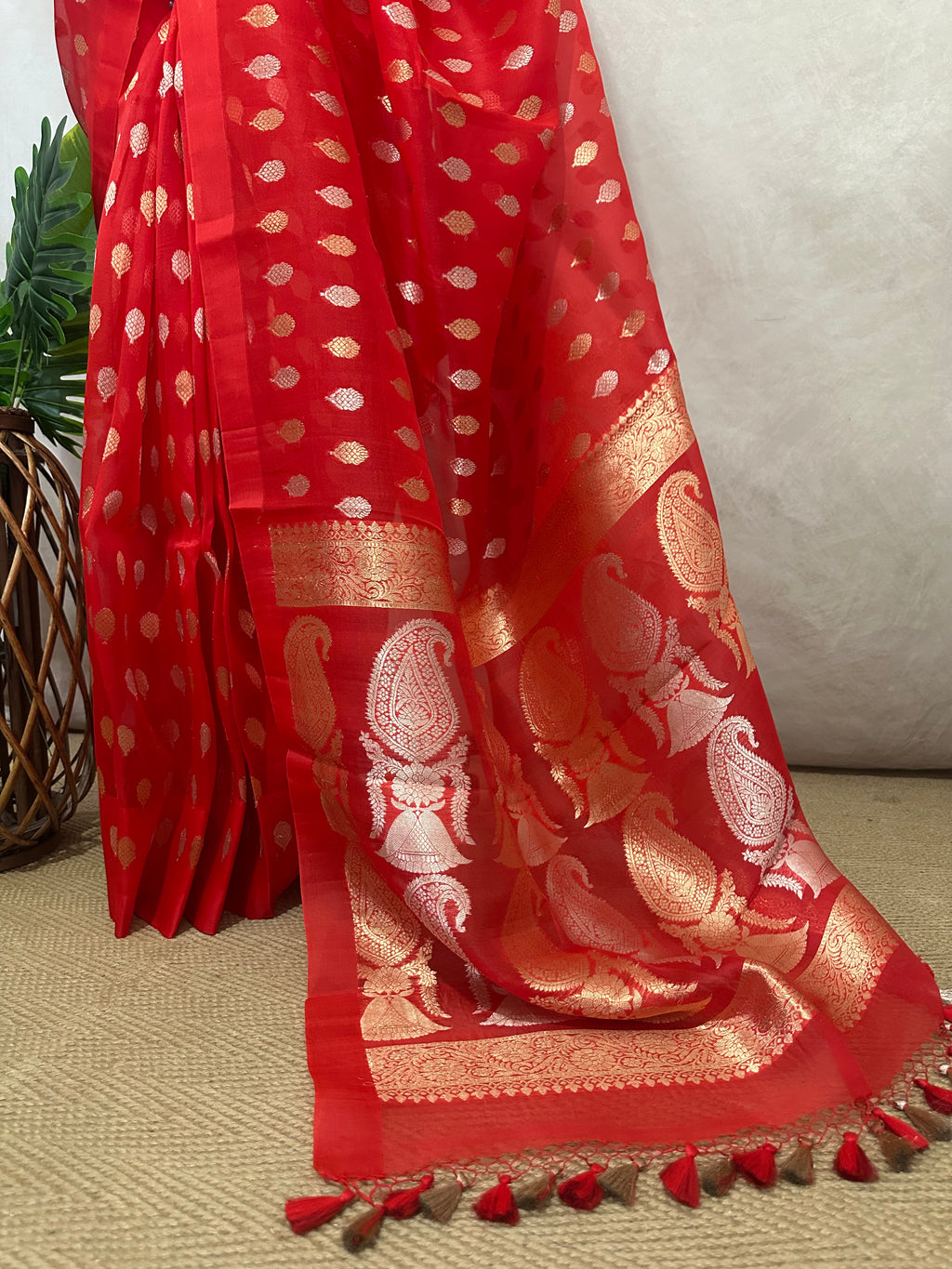 Red kora banarsi pure silk saree with stitched blouse