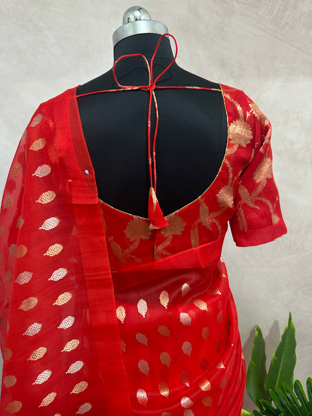 Red kora banarsi pure silk saree with stitched blouse