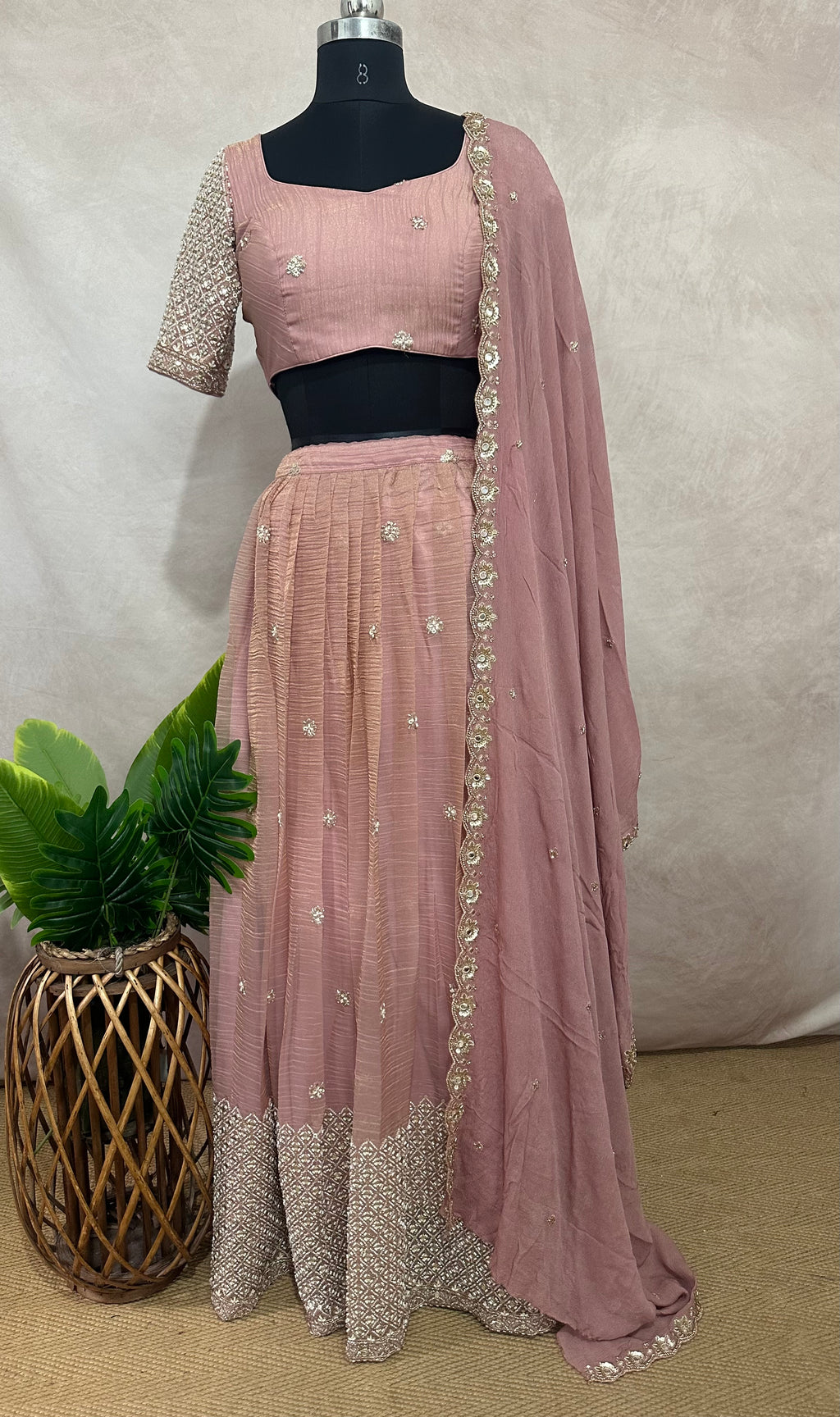 Rose gold tissue lehange with dupatta