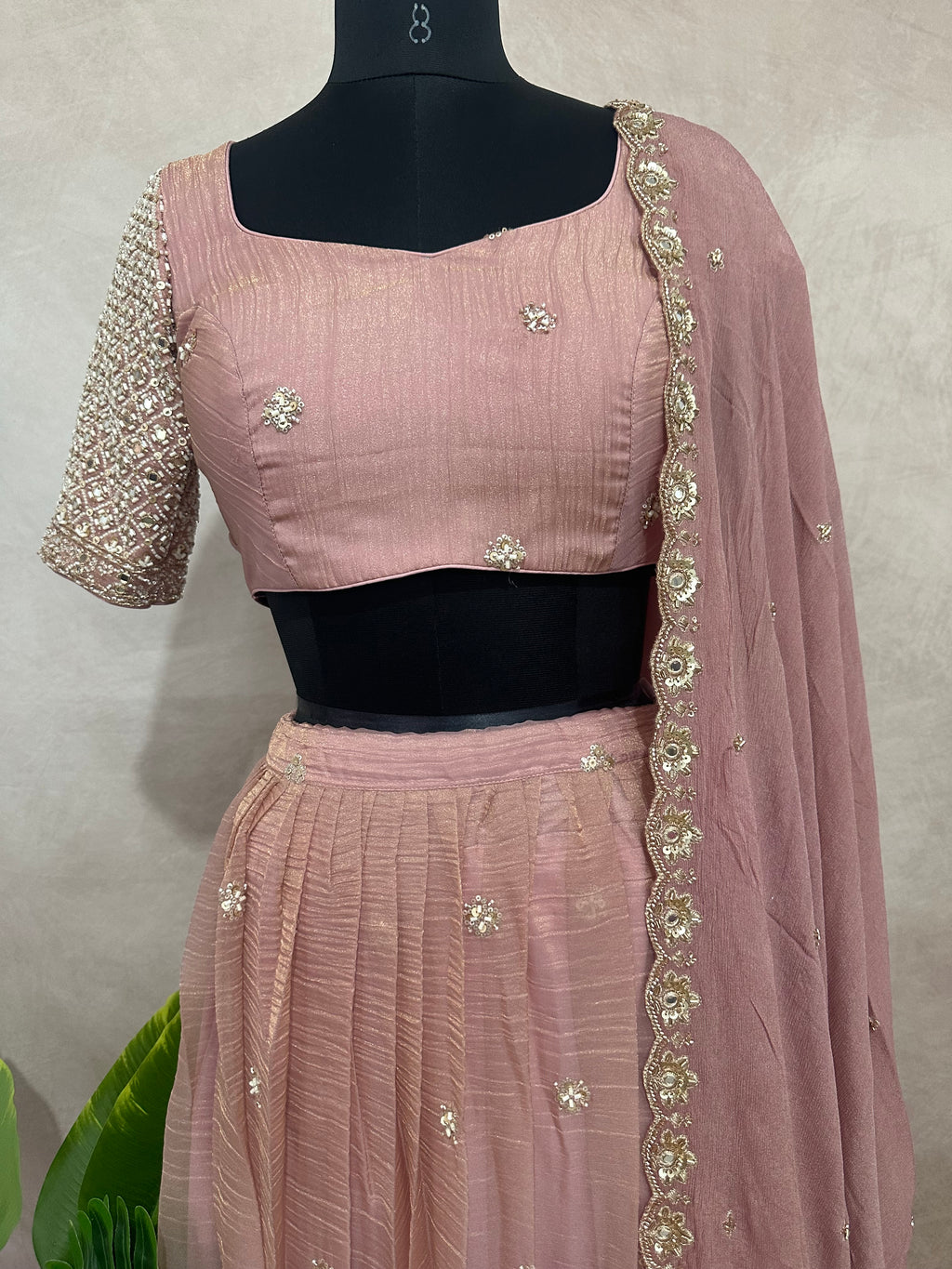 Rose gold tissue lehange with dupatta