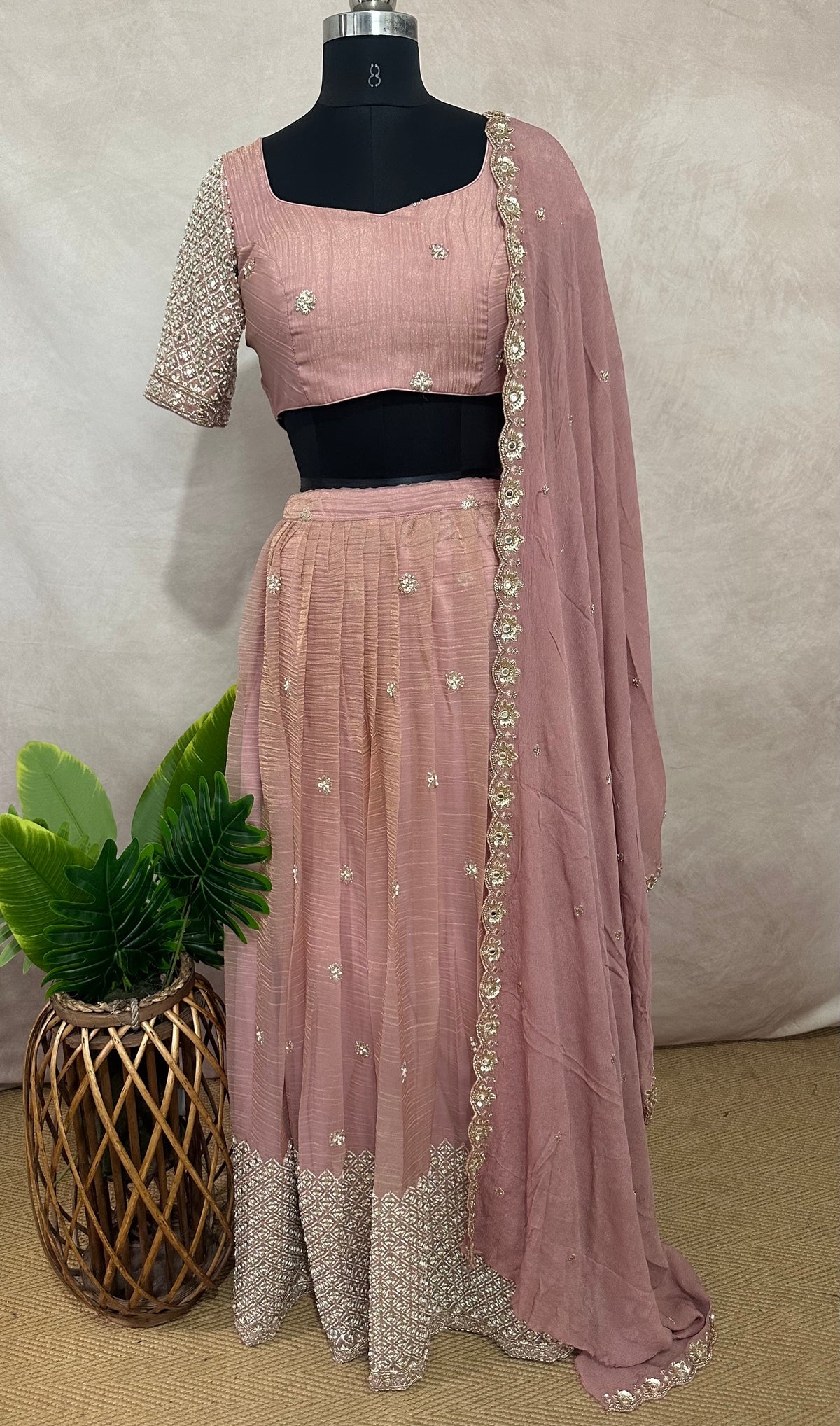 Rose gold tissue lehange with dupatta