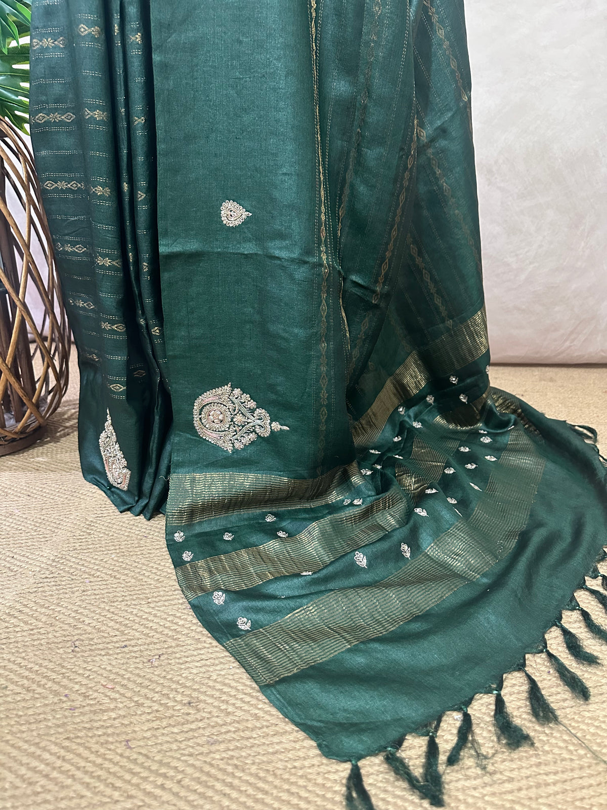 Bottle green pure tussar silk saree with hand work and stitched blouse