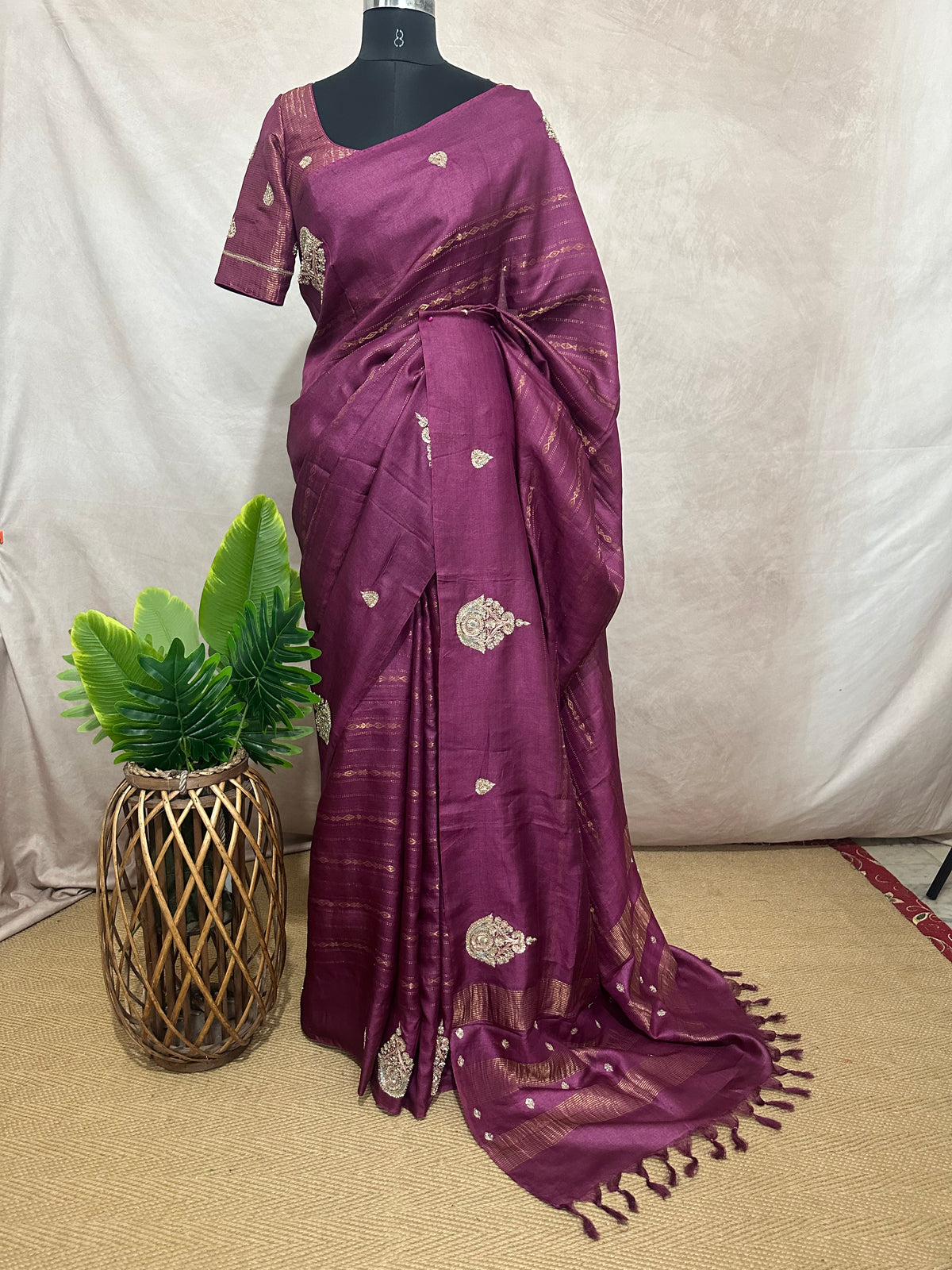 Burgabdy pure tussar silk saree with hand work and stitched blouse