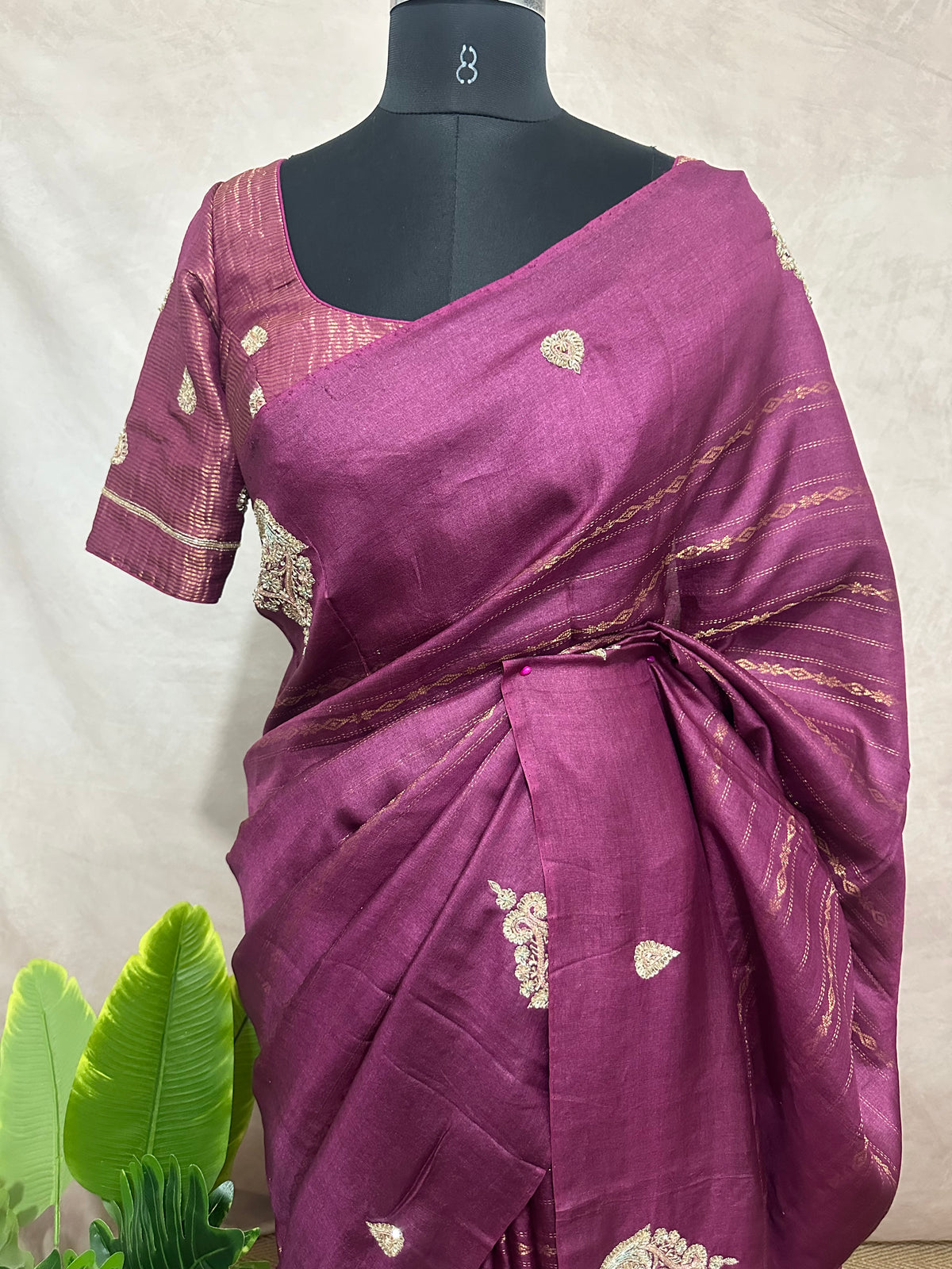 Burgabdy pure tussar silk saree with hand work and stitched blouse