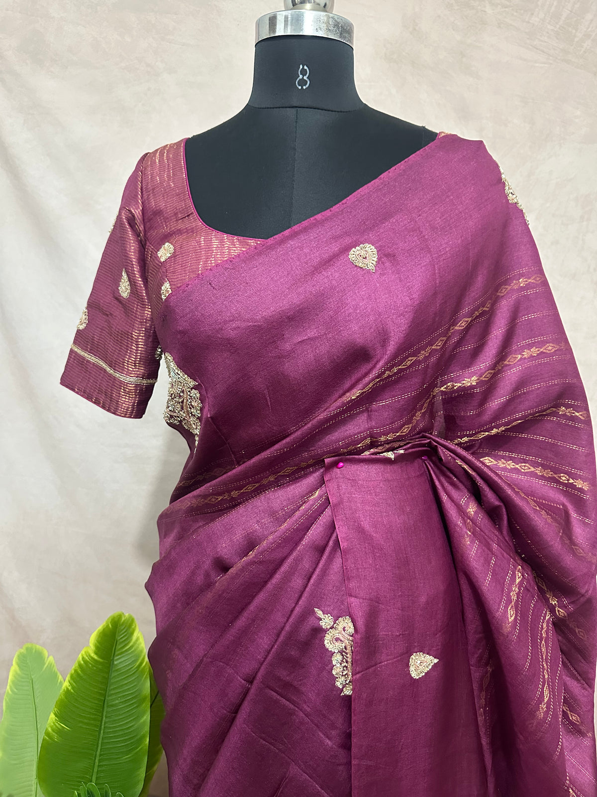 Burgabdy pure tussar silk saree with hand work and stitched blouse