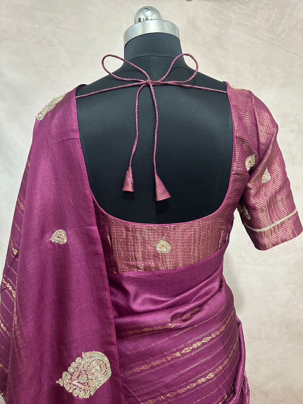 Burgabdy pure tussar silk saree with hand work and stitched blouse