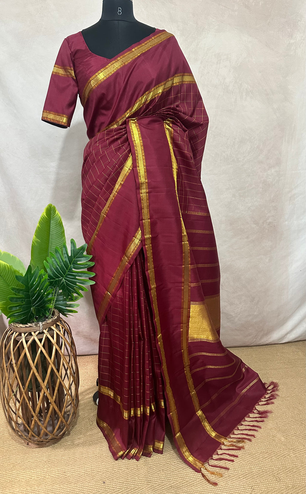 Maroon Kanchivarm handloom silk saree with stitched blouse