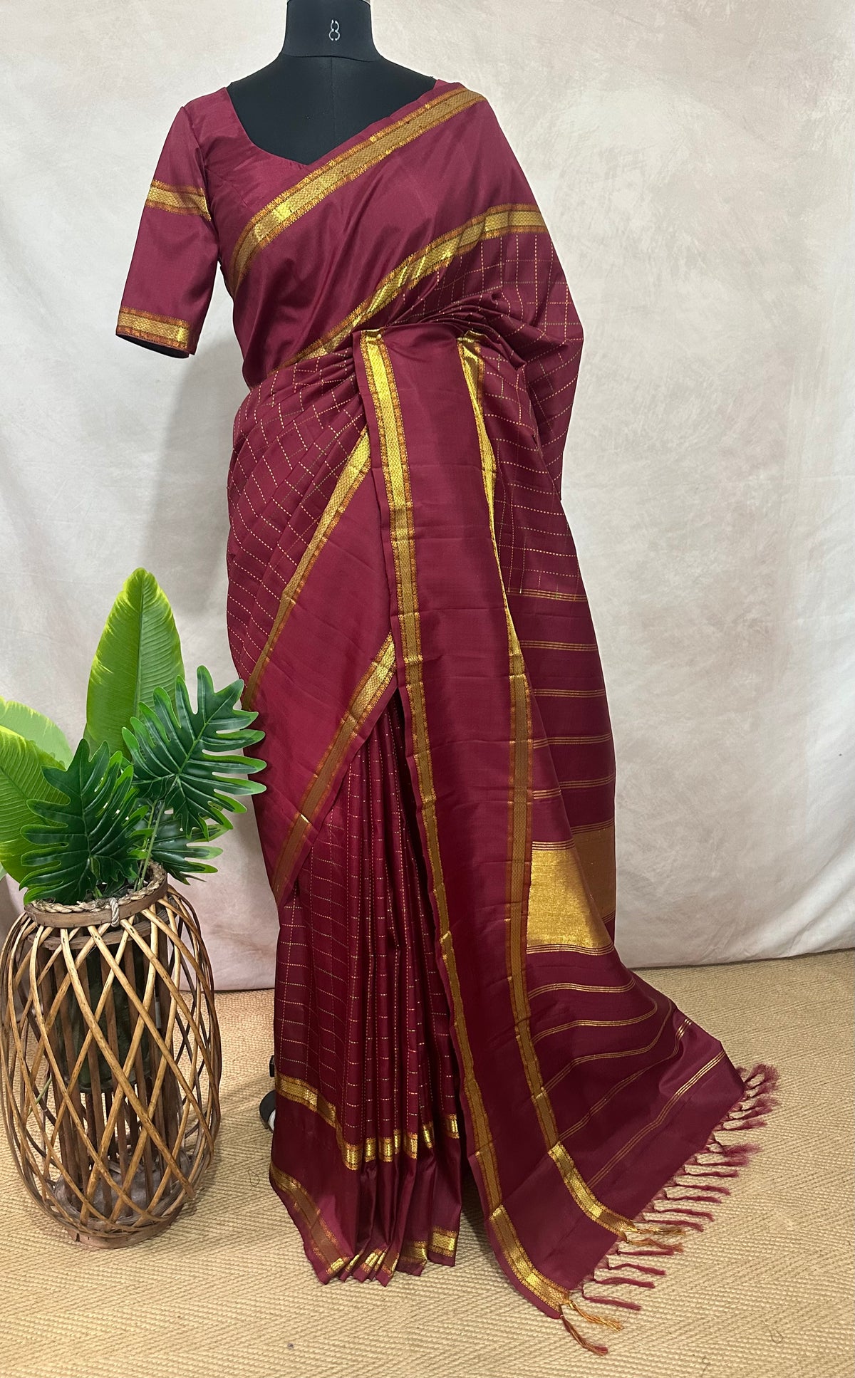 Maroon Kanchivarm handloom silk saree with stitched blouse